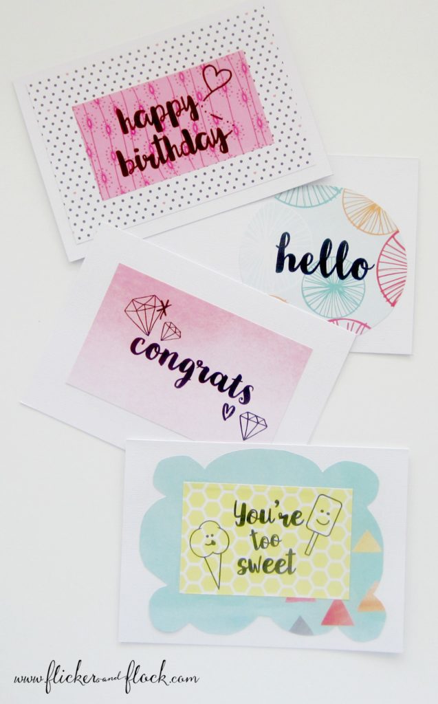 Free printable designs and tutorial for 4 greeting cards that anyone can handmake.